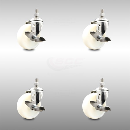 Service Caster 4 Inch 316SS Nylon Wheel Swivel 12mm Threaded Stem Caster Set Brake SCC SCC-SS316TS20S414-NYS-TLB-M1215-4